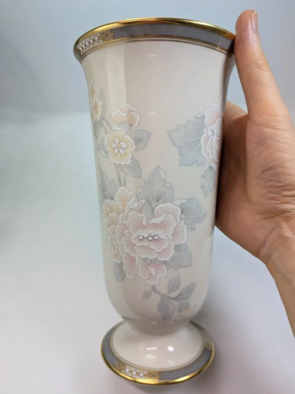 Lenox McKinley Vintage Jeweled Enamel Pastel Floral Pedestal Vase - USA